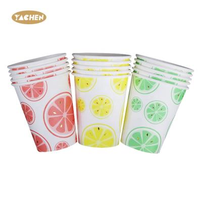 China Wholesale 230GSM Food Grade Card YACHEN White White Fruit Design Bronzing Paper Cup Tropical Disposable Colorful 9oz Cup For Festival Party for sale