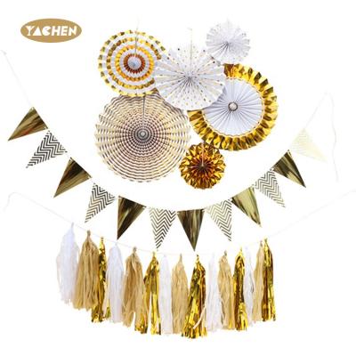 China YACHEN 22PCS/set Holiday Party Decoration Paper Fan Hot Stamping Gold Paper Flower Places For Birthday for sale