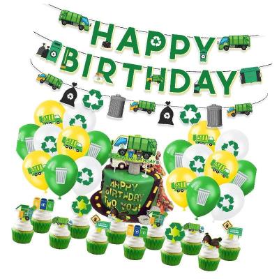 China Party Decoration Green Garbage Truck Banner Cake Toppers Printed Latex Balloons For Garbage Truck Theme Birthday Party Eco-Friendly Decoration for sale