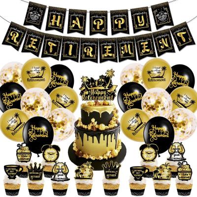 China Party Decoration Gold Black Happy Retirement Banner Cake Paper Toppers Printed Latex Confetti Balloons Set for Retirement Theme Party Decoration for sale