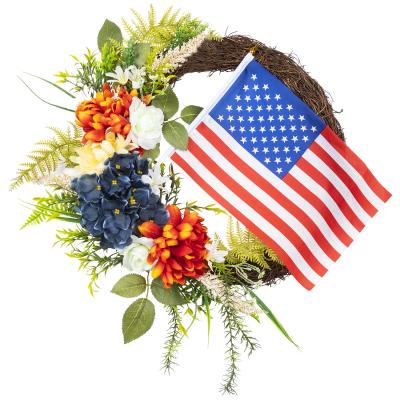 China July 4th Independence Day Party Decor 16inch White Garland and American Red Blue Front Door Decoration Patriotic Wreath 16inch Flower for sale