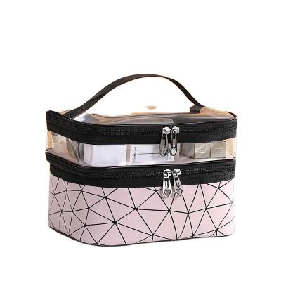 China New Durable Double Layer Makeup Bag Box Lattice Multifunctional Ladies Portable Makeup Artist Storage Toiletry Bag Wholesale for sale