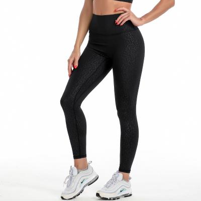 China Breathable Women High Waist Gym Fitness Tights Sports Crop Yoga Leopard Embossed Pants Elastic Female Capri Running Pants Legging for sale