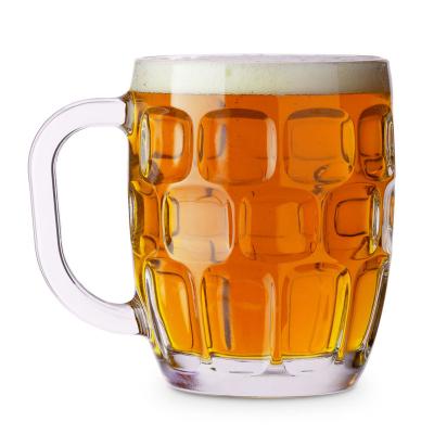 China Europe Design Stylish Dimpled Glass Beer Mug With Handle for sale