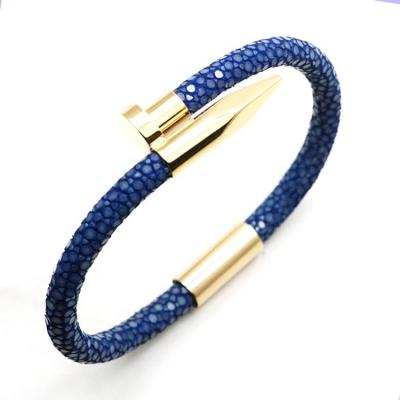 China FASHIONABLE High Quality Stingray Leather Bracelets With Magnetic Clasp Stainless Steel Nail Leather Bracelet for sale