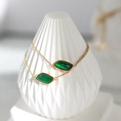 China TRENDY Luxury Jewelry Green Stone Necklace Bracelet Set Stainless Steel Chains Gold Plated For Women Girlfriends Gift for sale