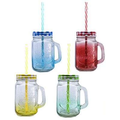 China Glass Mason Jars 500ml Colorful Drinking Juice 500ml 16 oz Glass Mason Jar With Handle Lid And Straw for sale