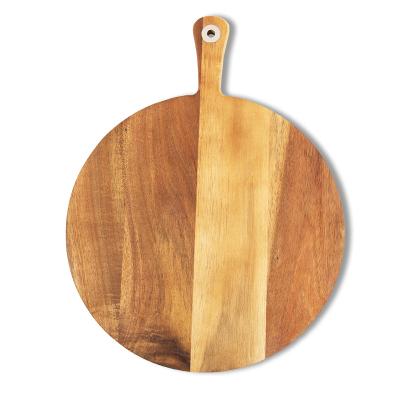 China Customized Sustainable Size Dishes Natural Woody Food Dish Serving Round Cutting Board with Handle Acacia Pizza Tray and Bread Tray for sale