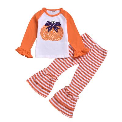 China 2022 Children's Clothing New Boutique Casual Halloween Children's Pumpkin T-shirt Stripe Bell Bottoms Costume for sale