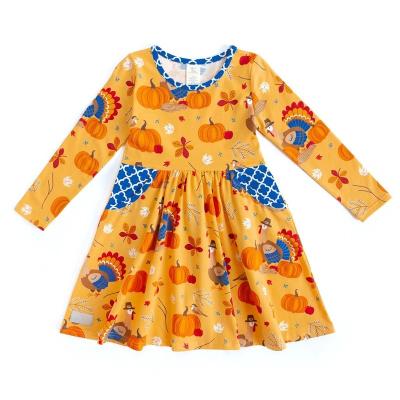 China High Quality Breathable Thanksgiving Girls Dress Kids Print Autumn Winter Baby Dress Latest Kids Soft Casual Dress for sale