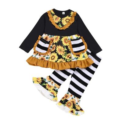 China 2022 New Girls Suits Sun Flower Casual Cute Stripe Print Kids Clothing Boutique Fashion Children's Quilting Wear for sale