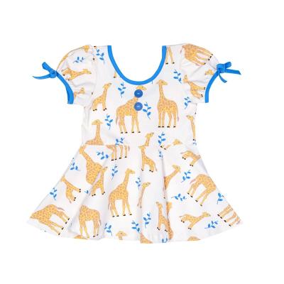 China 2022 New Washable Cute Baby Giraffe Print Bow Sleeve Dress Baby Girl White Round Short Dress Naughty Kids Dress for sale