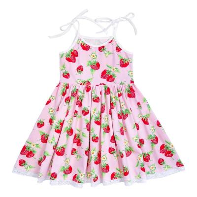 China Washable Sling Strawberry Print Rose Sleeveless Dress For Kids Cute Vitality Kids Dresses For Girls Lace Up Edge Baby Dress for sale