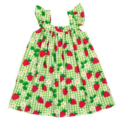 China Small Casual Summer Flying Sheath Baby Dress Strawberry Print Flower Kids Dresses For Girls Green Lattice Kids Dress for sale