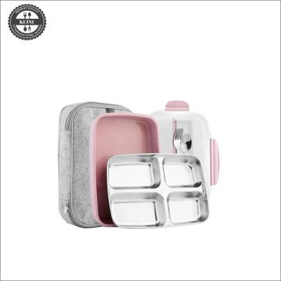 China Bento Lunch Box Stainless Steel 4 Compartment Lunch Box Set With Insulated Bag And Cutlery for sale