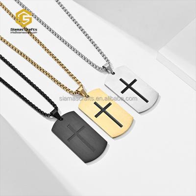 China Eco-Friendly Jewelry Engraved Joshua 1:9 Scripture Stainless Steel Dog Tag Cross Necklace for sale