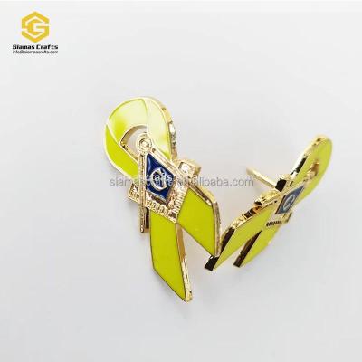 China Breast Cancer Freemason Ribbon Lapel Pin Yellow Enamel Mason Square Compass G Awareness for sale