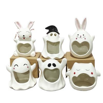 China New Small Oil Aromatherapy Candle Holder Ceramic Candle Burner Ghost Animal Aroma Burners Matched Wax Warmer Aromatherapy Stand Halloween Candlestick for sale