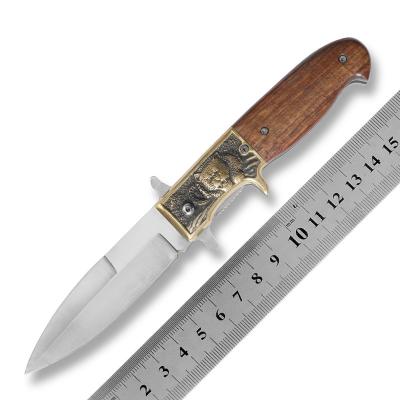 China Durable High Grade Wooden Pakka Bear Handle Survival Knives Folding Style Camping Pocket Knife With Leather Sheath for sale