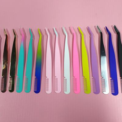 China Professional Eyelash Makeup Work Eyelash Extension Tweezers Multi Color Straight And Semi Angled High Lash Tweezers Steel for sale