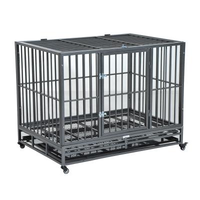 China Sustainable Heavy Duty Steel Dog Crate With Outside Wheels Metal Tube Dog Cage With Plastic Tray for sale