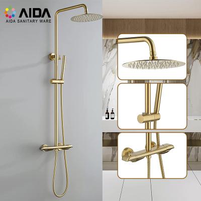 China With Sliding Bar Washroom Exposed Wall Mounted Handheld Fixtures Shower Rain Head Set Brass Plated Bathroom Gold Shower Faucet With Bracket for sale