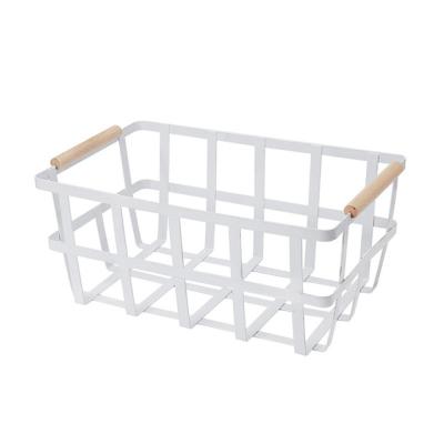 China Large White Metal Wire Basket With Wooden Handle High Quality Viable Storage Organizer for sale