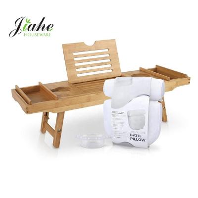 China Sustainable Bamboo Bathroom 2 in 1 Tub Caddy and Bed Tray with Bath Pillow and Drain Stopper for sale