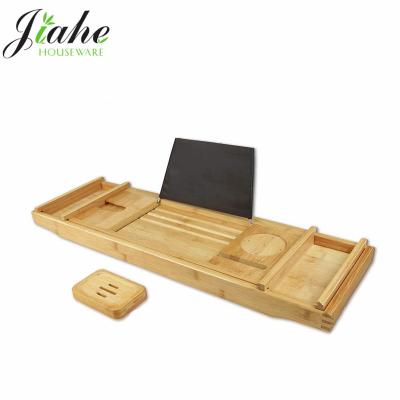 China Sustainable Bamboo Bathtub Caddy Expandable Bathtub Caddy Shower Organizer With Expanding Sides for sale