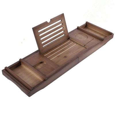 China Sustainable Expandable Brown Bamboo Bathtub Cart Wooden Bath Rack Bridge Shower Trolley For Leisure for sale