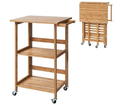 China Sustainable Foldable Bamboo 3 Tier Kitchen Storage Cart With Wheels for sale