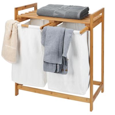 China Double Foldable Bamboo Laundry Basket Shelf With Removable Washable Laundry Bag For Bathroom for sale