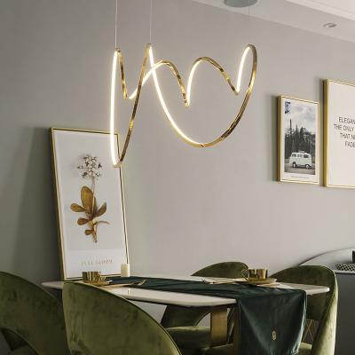 China Living Line Gold Ribbon Wave Suspension Pendant Chandelier Modern Simple Home Dining Room Hanging Lighting for sale