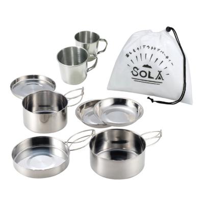 China Freshness Preservation 8pcs Outdoor Pot Set Stainless Steel Cookware Mountaineering Picnic Set Portable Multifunctional Bowl Storage Pot for sale