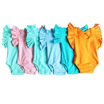 China Washable Newborn Baby Romper Knit Cotton Summer Clothing Baby Ruffle Infant Romper Back With Bow Knot Baby Float Sleeves Romper for sale