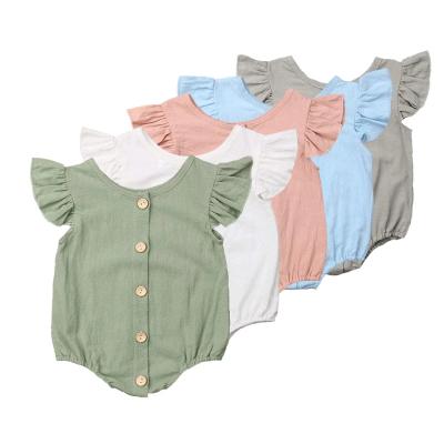 China Breathable Summer Babies Cotton Newborn Infant Canvas Button-Breasted Ruffles Rompers Jumpsuit Sleeveless Clothes for sale