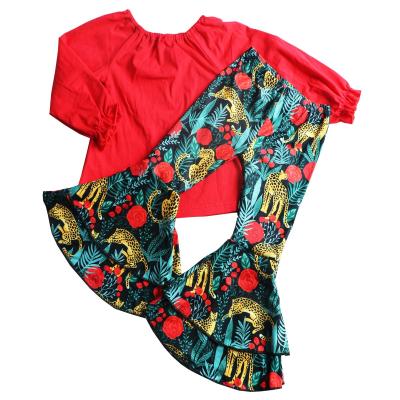 China Washable Kids Fall Long Sleeve Fashion Outfits Girl Cotton Bent Animal Print Matching Flared Pants for sale