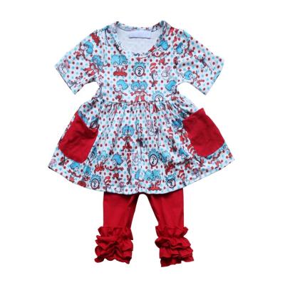 China Washable baby short sleeve printed tops matching red ruffle capris clothes toddler girl cotton clothing for sale