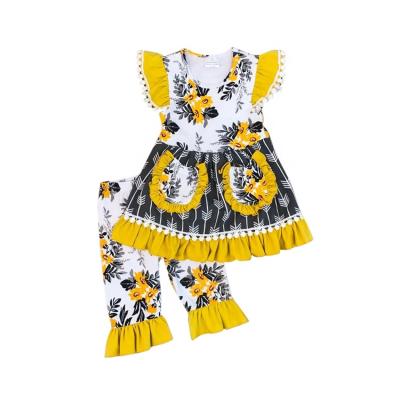 China Breathable Flower Printed Toddler Girls Outfits Baby 2 Piece Outfits With 2 Bag for sale