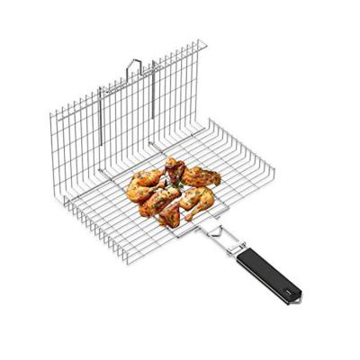 China Dustproof Food Grade Easily Grilled Bake Accessories Barbecue Grill Basket With Wooden Handle Outdoor Barbecue for sale