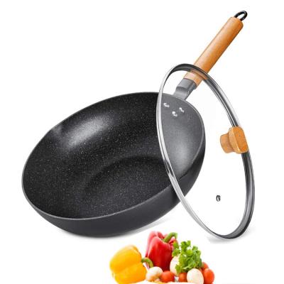 China Viable Chinese Wok Pan High Quality Black Color Aluminum Wok Pan Granite Non Stick Cookware Set With Lid for sale