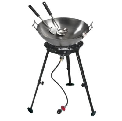 China Sustainable outdoor cookware set, carbon steel wok and propane burner with adjustable legs with propane regulator and hose. for sale