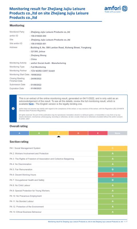 BSCI - Zhejiang Jujiu Leisure Products Co., Ltd.