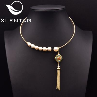 China Custom Cloisonne Gold Plated Pearl Pendant Necklace CLASSIC Vintage Jewelry Choker Necklace For Woman for sale