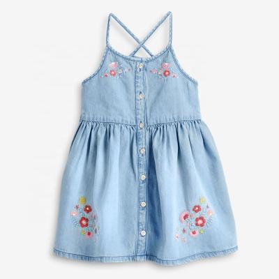 China 2022 Summer Breathable Color Cartoon Pattern Baby Blue Floral 100% Cotton Dress Girls Dresses for sale