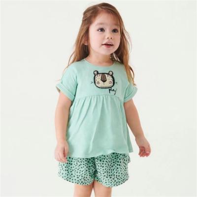 China Cotton 100% 2022 Summer Cotton Girls Suit Cartoon Cute Green Round Collar Pattern Girls 100% Short Dress Set for sale