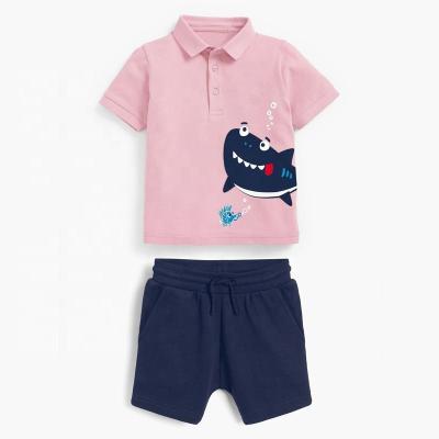 China Cotton 100% 100% short sleeve 2022 summer cotton boys costume cartoon fish shark pattern round collar boys clothing set for sale