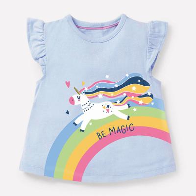 China 2022 summer 100% cotton wathet color blue and pink color cute cartoon pattern breathable short sleeve girls t-shirt for sale