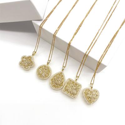 China Hot Vintage Selling American And European Shape Necklace Square Flower Heart Diamond Zircon Wholesale Gold Plated Pendant Necklace for sale