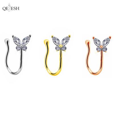 China Qetesh Jewelry Butterfly Nose Ring Hypoallergenic Rhinestone No Hole Piercing Viable Stud Ring Jewelry for sale